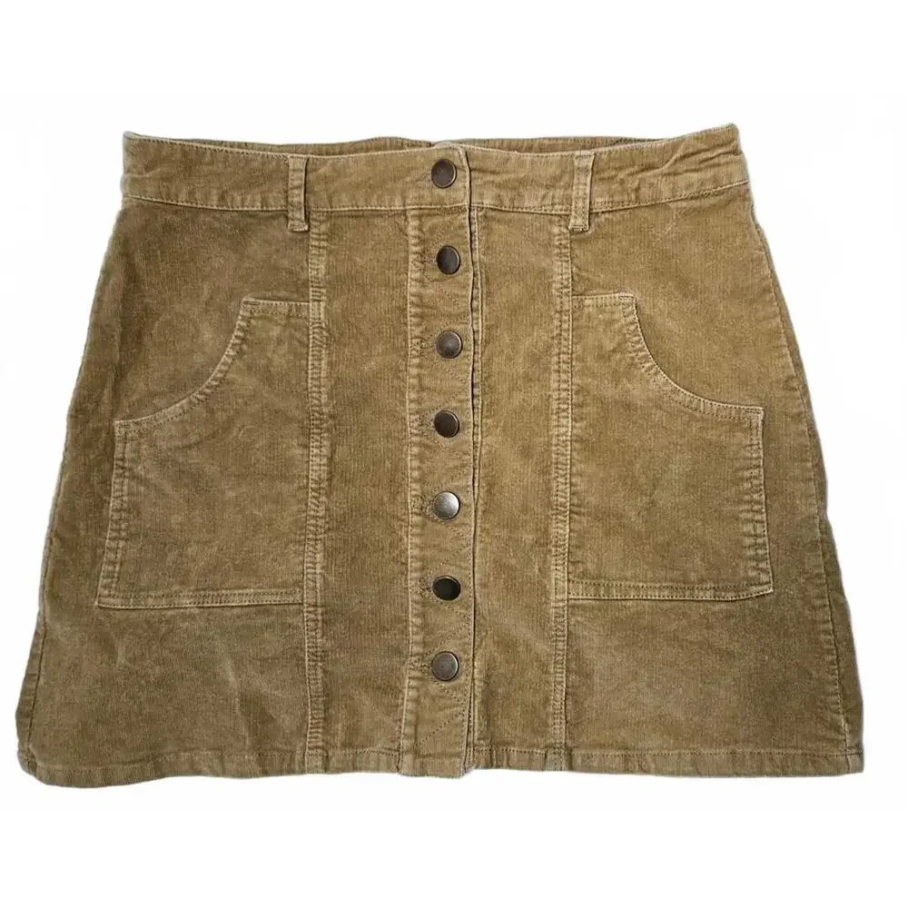 Altar'd State Women's Caramel Corduroy A-Line Skirt with Button Front Size Large